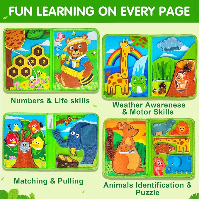 Quanquer Animal Busy Book for Toddlers 1-3 - Montessori Toys for 1 Year Old Boys and Girls, Educational Travel Toy for Airplane Car, Christmas Birthday Gifts for Toddlers