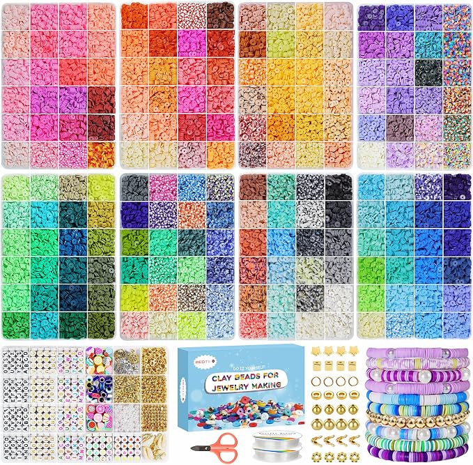 Redtwo 32000 Pcs Clay Beads Bracelet Making Kit | 9 Boxes 192 Colors Friendship Bracelet Kit Flat Polymer Heishi Beads for Jewelry Making, Crafts Gift for Girls Ages 6-12
