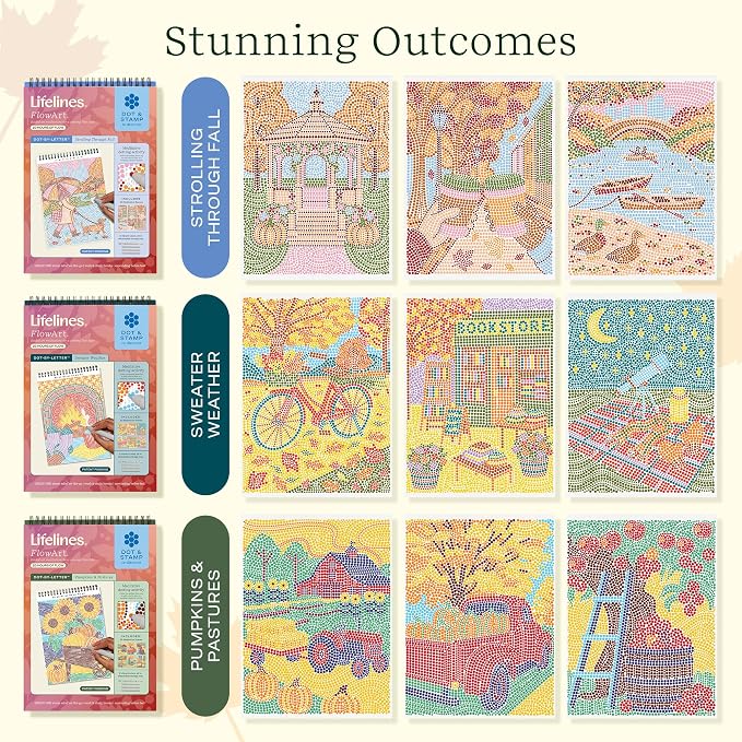 Lifelines FlowArt Activity Pads 3-Pack, Dot-by-Letter Guided Coloring Books | 12 Double-Sided Markers & 60 Scenes - Guided Art Meditations for Tweens, Adults & Seniors - Dot-by-Letter - Patent Pending