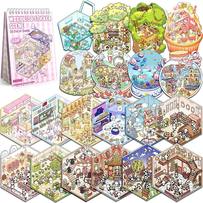 Scene Sticker – 20 Sets DIY 3D Sticker Scene Book Cute Cartoon Stickers Kit – Fun Sticker Therapy Activity for Stress Relief, Crafts & Gifts