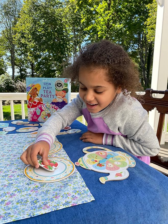 eeBoo Tea Party Spinner Game, Social Skills Game, Ages 3+, 2-4 Players | Develops patience & social skills through imaginative play. Includes spinner, food pieces & fabric tablecloth. 15-30 min game