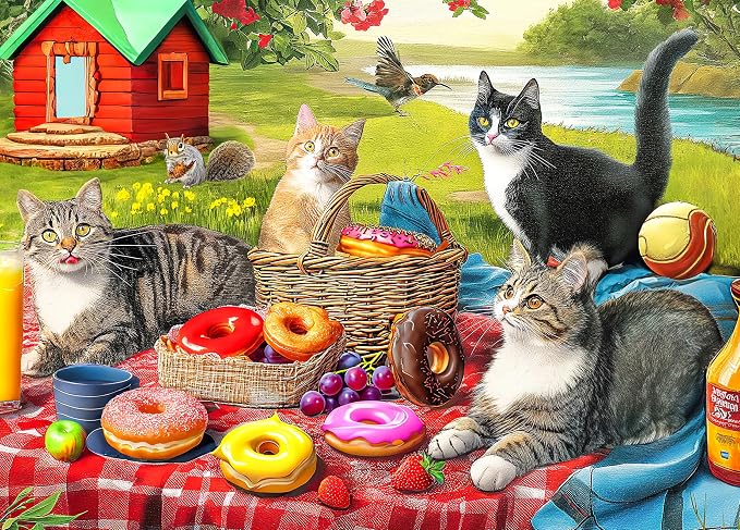 300 Piece Puzzles for Adults for Kids Clearance - Picnic Kittens and Donut | Donut Puzzle Gift for Kids